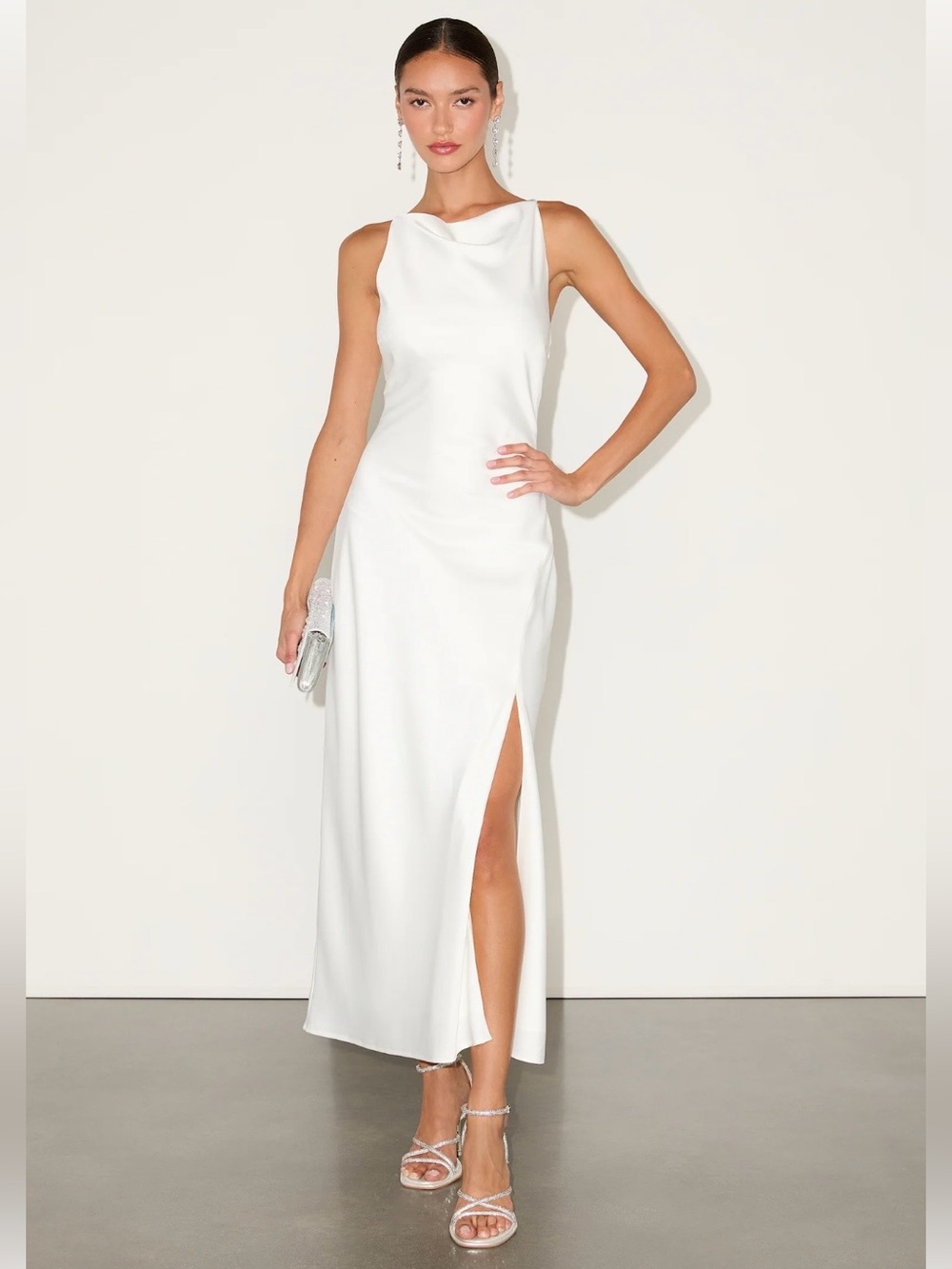 White Cowl Neck Maxi Satin Dress with Side Slit